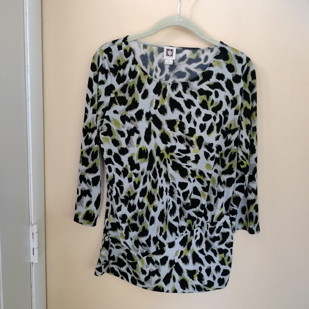 Anne Klein Gray Black Green Leopard Print Womens Top Shirt L Office Stretch Chic